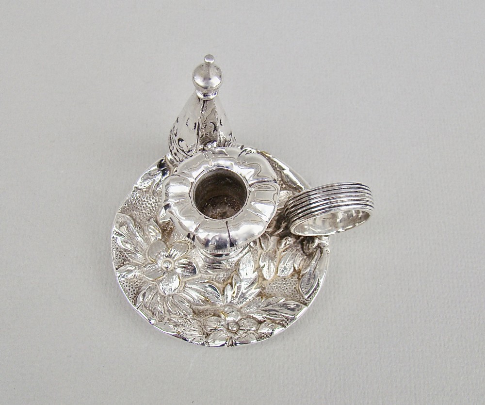 EXQUISITE WILLIAM IV MINIATURE SILVER PLATED CHAMBER STICK, CIRCA 1835
 View V