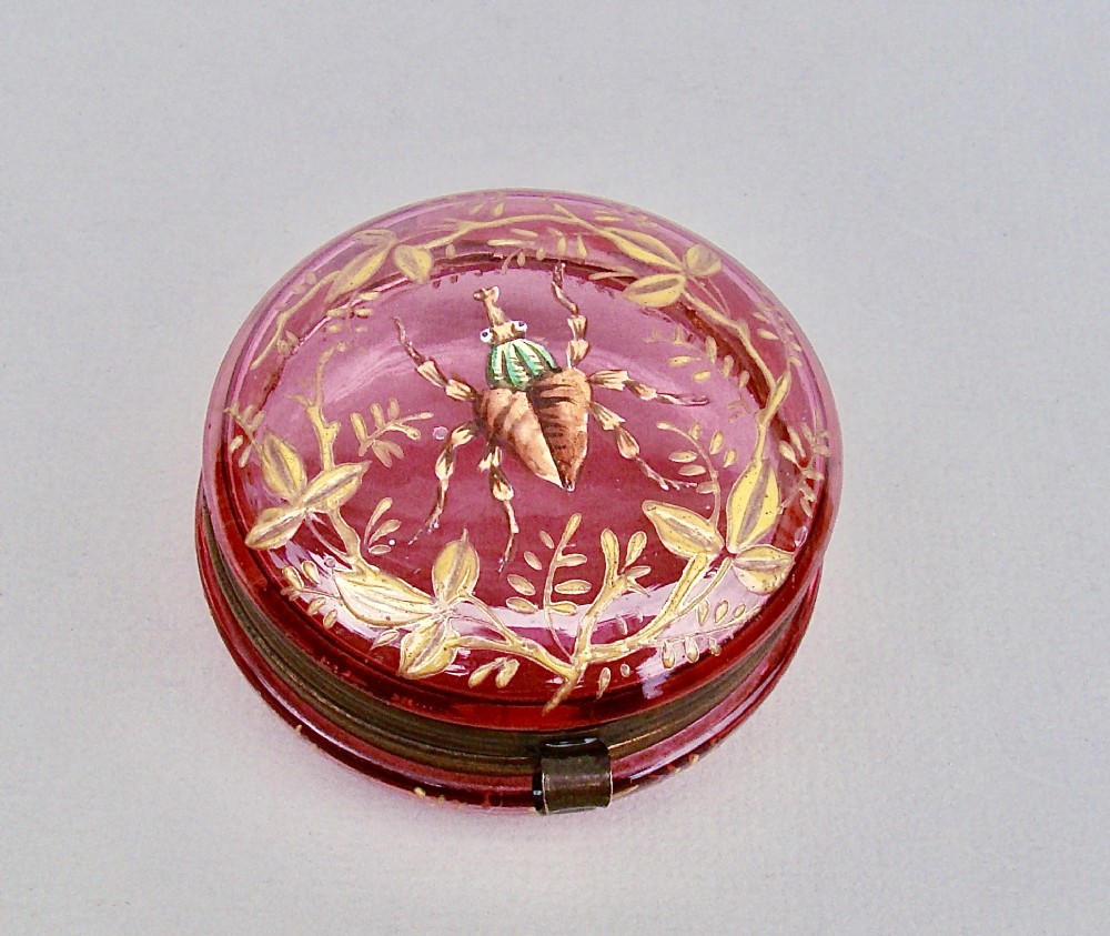 RARE FRENCH ENAMELLED  CRANBERRY GLASS TRINKET BOX , CIRCA 1890