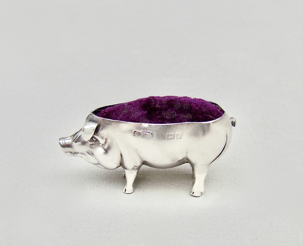EDWARDIAN SILVER PIG PIN CUSHION BY ADIE & LOVEKIN, BIRMINGHAM 1905