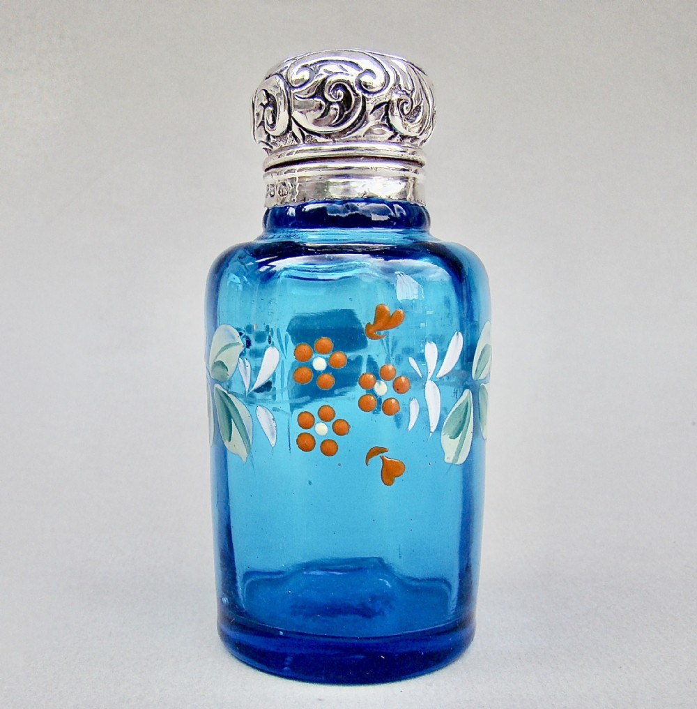 VICTORIAN SILVER MOUNTED TURQUOISE ENAMELLED GLASS SCENT BOTTLE BY LEVI & SALAMAN, BIRMINGHAM 1895