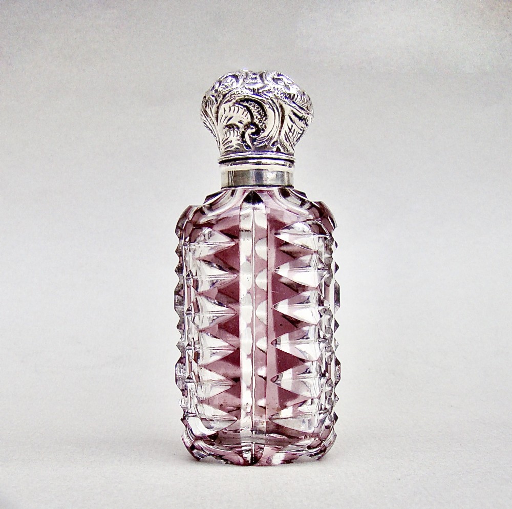 VICTORIAN SILVER AND AMETHYST OVERLAY BOHEMIAN GLASS SCENT BOTTLE, CIRCA 1890