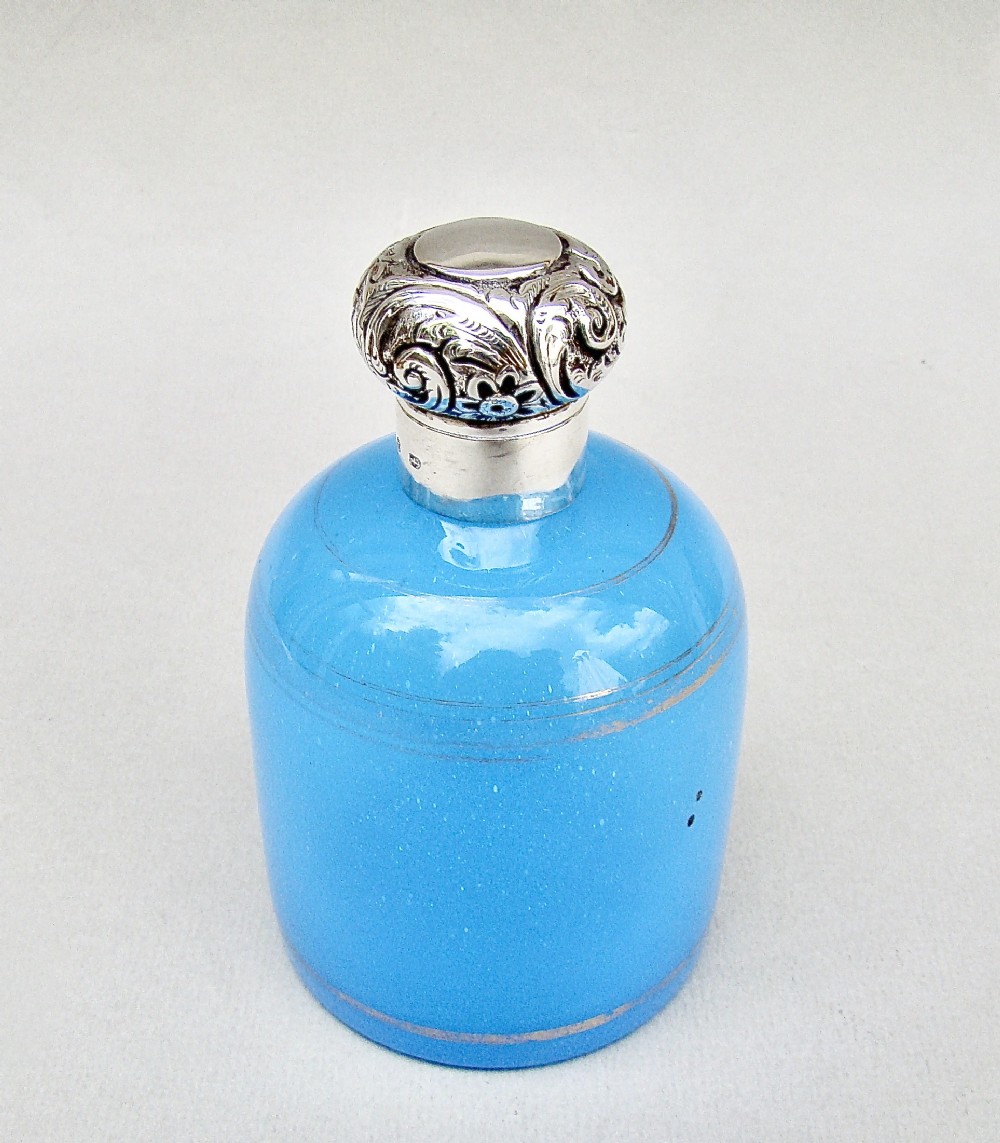 LARGE SILVER MOUNTED TURQUOISE OPALINE GLASS SCENT BOTTLE, BIRMINGHAM 1891