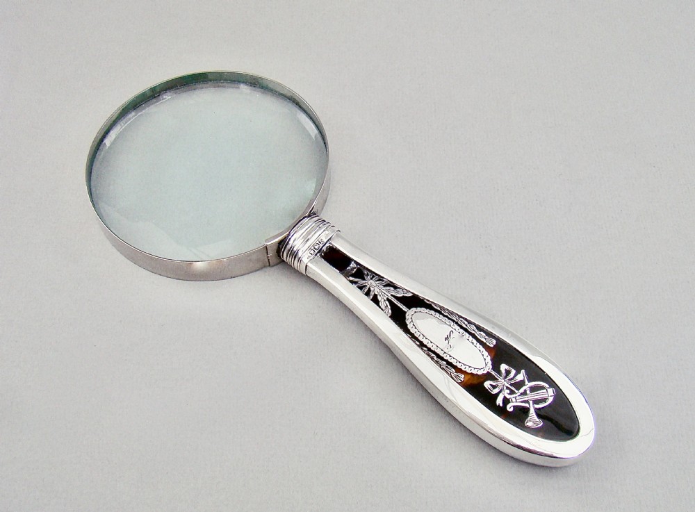 VICTORIAN SILVER & PIQUE TORTOISESHELL DESK MAGNIFYING GLASS BY THOMAS HENRY BLAKE, SHEFFIELD 1895