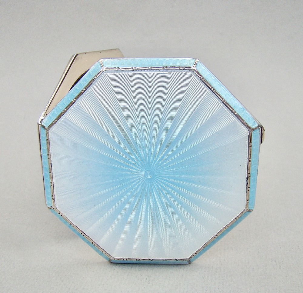 RARE AND FABULOUS ART DECO SILVER & GUILLOCHE ENAMEL COMPACT BY ALBERT CARTER, BIRMINGHAM 1936