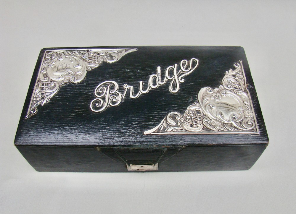 EDWARDIAN SILVER MOUNTED BRIDGE PLAYING CARDS LEATHER BOX BY LEVI & SALAMAN, BIRMINGHAM 1905