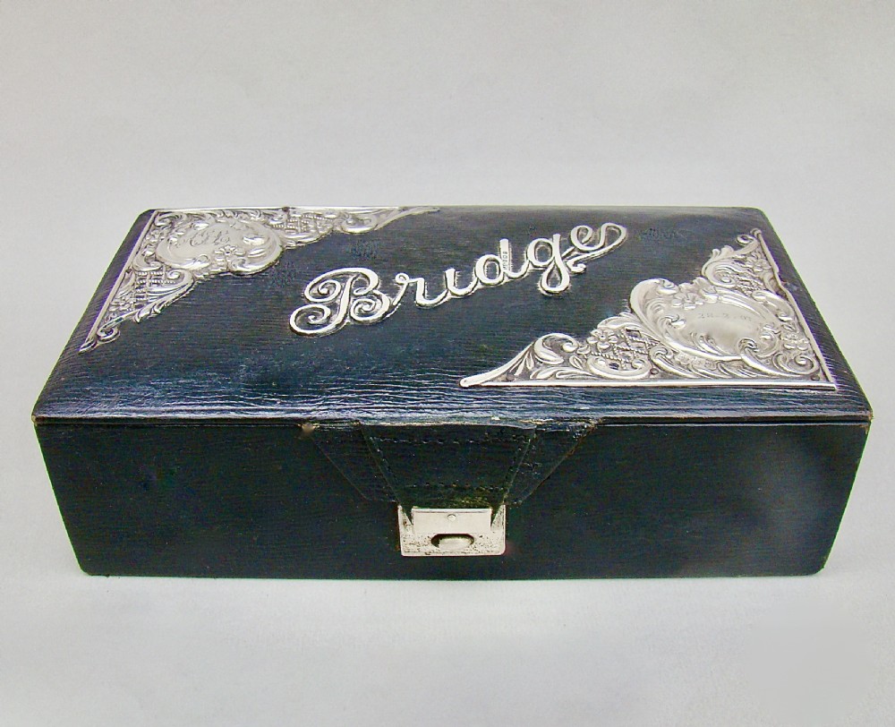 EDWARDIAN SILVER MOUNTED BRIDGE PLAYING CARDS LEATHER BOX BY LEVI & SALAMAN, BIRMINGHAM 1905 View II