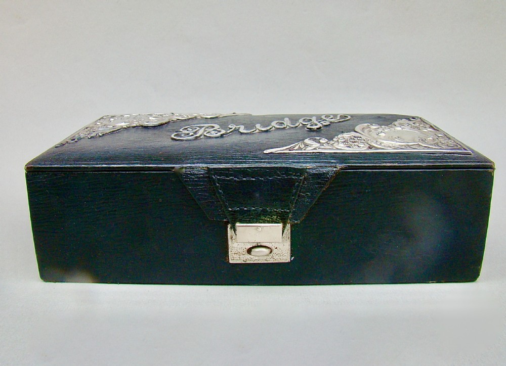 EDWARDIAN SILVER MOUNTED BRIDGE PLAYING CARDS LEATHER BOX BY LEVI & SALAMAN, BIRMINGHAM 1905 View III