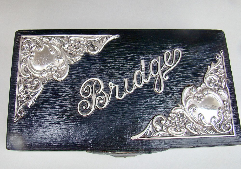 EDWARDIAN SILVER MOUNTED BRIDGE PLAYING CARDS LEATHER BOX BY LEVI & SALAMAN, BIRMINGHAM 1905 View IV