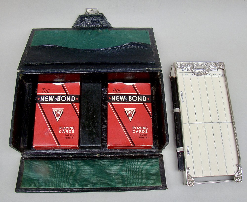 EDWARDIAN SILVER MOUNTED BRIDGE PLAYING CARDS LEATHER BOX BY LEVI & SALAMAN, BIRMINGHAM 1905 View V