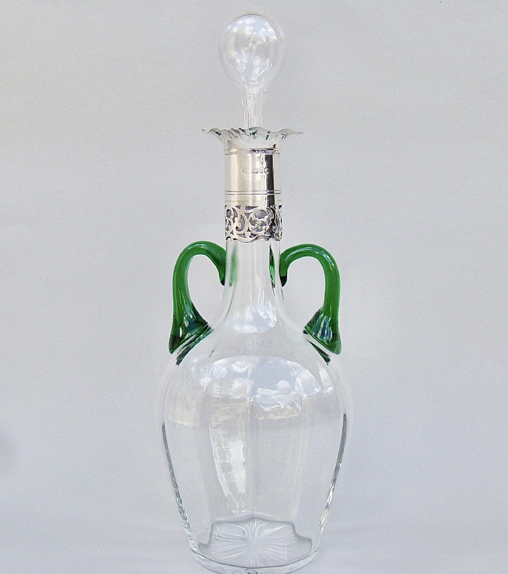 VICTORIAN SILVER MOUNTED DUAL COLOUR GLASS DECANTER BY WILLIAM HUTTON & SONS, BIRMINGHAM 1899
