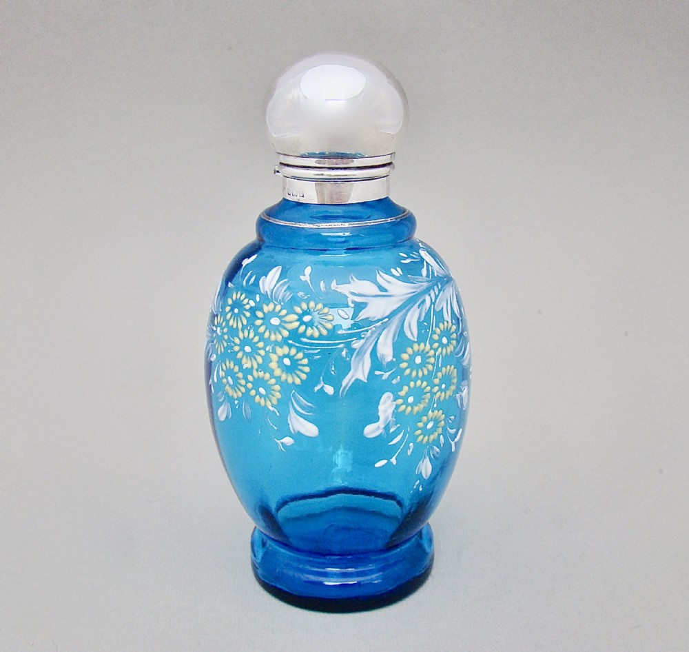 EDWARDIAN SILVER MOUNTED TURQUOISE ENAMELLED GLASS SCENT BOTTLE BY JOHN GRINSELL BIRMINGHAM 1910