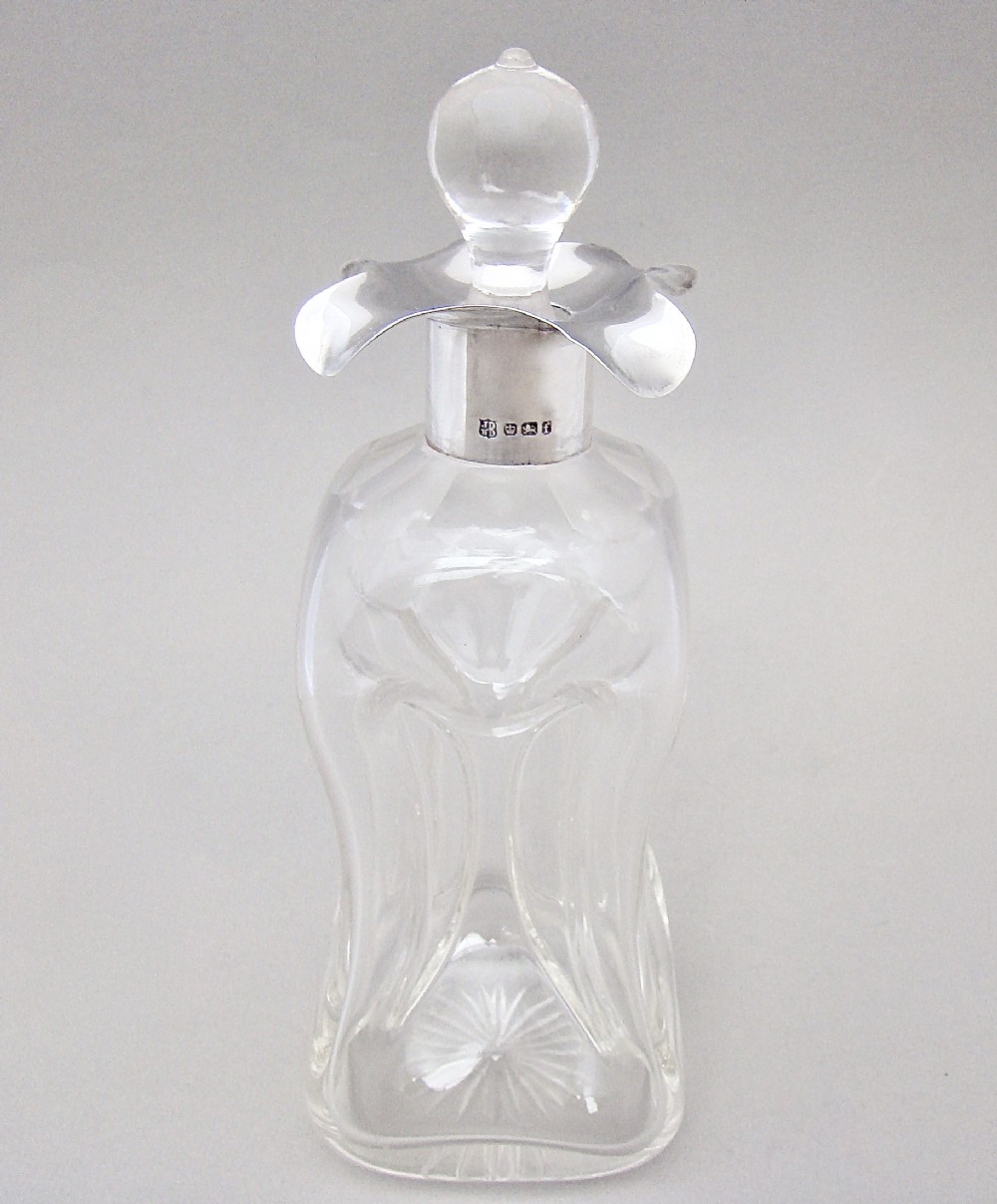 VICTORIAN SILVER & GLASS GLUG GLUG DECANTER BY JAMES DEAKIN & SONS, SHEFFIELD 1898
