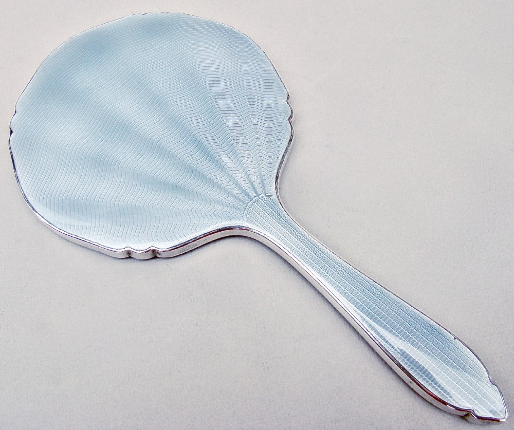 ART DECO SILVER AND PALE GREY GUILLOCHE ENAMEL HAND MIRROR BY BROADWAY & CO, BIRMINGHAM 1930
