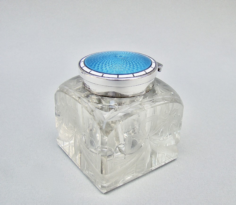 EDWARDIAN SILVER & GUILLOCHE ENAMEL INKWELL BY LEVI & SALMAN, BIRMINGHAM 1908 View II