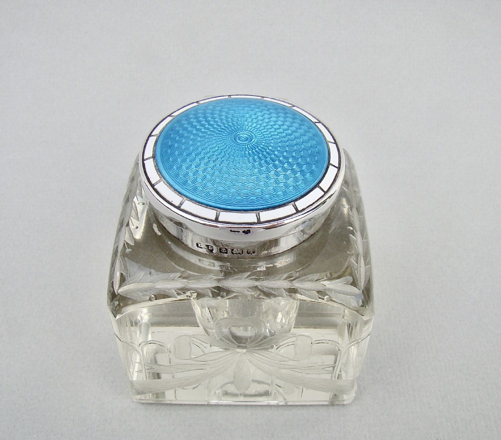 EDWARDIAN SILVER & GUILLOCHE ENAMEL INKWELL BY LEVI & SALMAN, BIRMINGHAM 1908