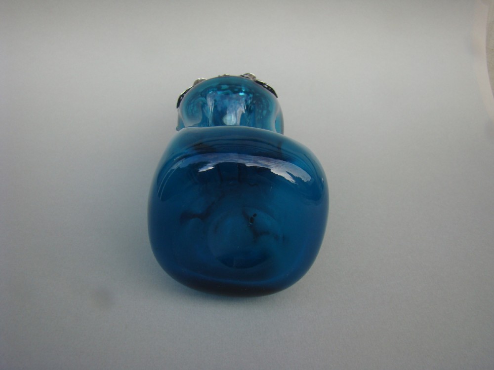 RARE VICTORIAN SILVER MOUNTED TURQUOISE GLASS SMALL GLUG GLUG LIQUEUR DECANTER BY WILLIAM COMYNS, LONDON 1896 View VII