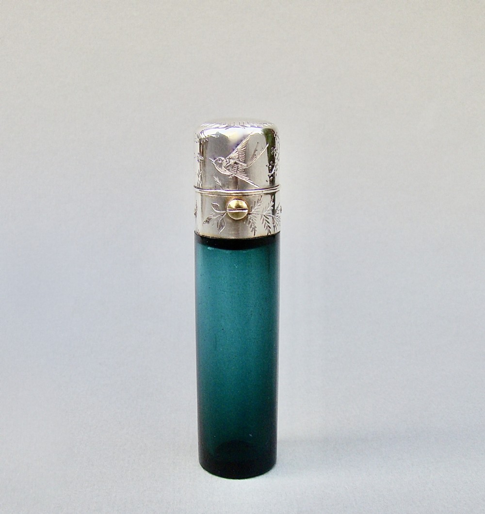 RARE VICTORIAN AESTHETIC MOVEMENT SILVER AND BRISTOL GREEN  GLASS SCENT BOTTLE , CIRCA 1880