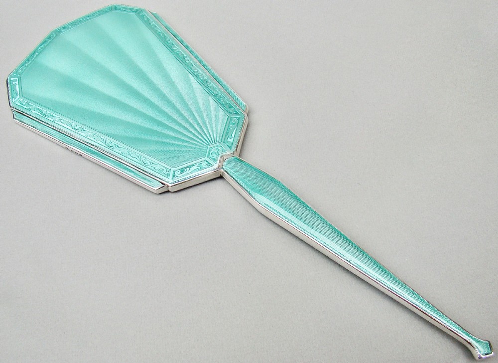 FABULOUS ART DECO SILVER AND GUILLOCHE ENAMEL HAND MIRROR BY CHARLES GREEN, BIRMINGHAM 1936
