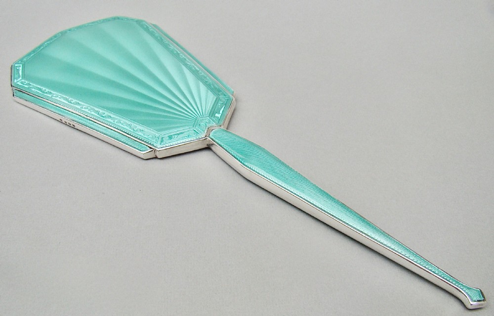 FABULOUS ART DECO SILVER AND GUILLOCHE ENAMEL HAND MIRROR BY CHARLES GREEN, BIRMINGHAM 1936
 View II