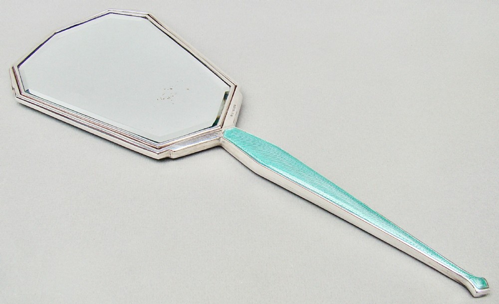 FABULOUS ART DECO SILVER AND GUILLOCHE ENAMEL HAND MIRROR BY CHARLES GREEN, BIRMINGHAM 1936
 View IV