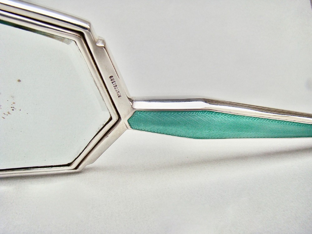 FABULOUS ART DECO SILVER AND GUILLOCHE ENAMEL HAND MIRROR BY CHARLES GREEN, BIRMINGHAM 1936
 View VIII
