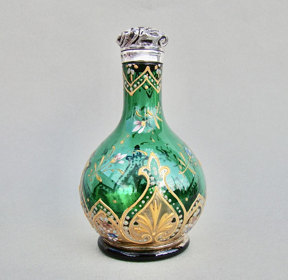 EXQUISITE VICTORIAN SILVER MOUNTED BRISTOL GREEN ENAMELLED GLASS SCENT BOTTLE BY CHARLES MAY , BIRMINGHAM  1898