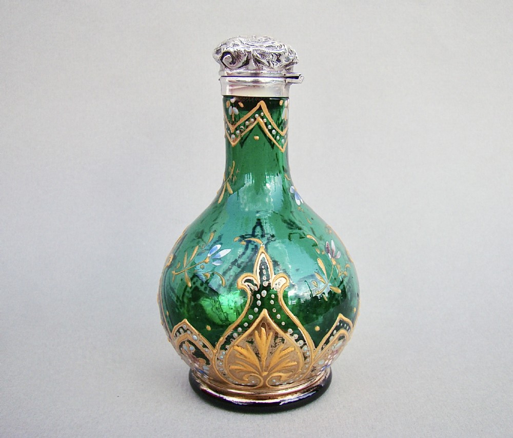 EXQUISITE VICTORIAN SILVER MOUNTED BRISTOL GREEN ENAMELLED GLASS SCENT BOTTLE BY CHARLES MAY , BIRMINGHAM  1898 View IV