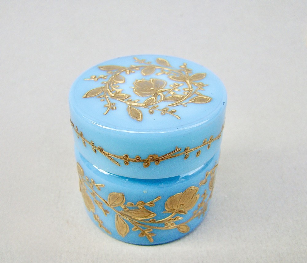 19TH C. MOSER TURQUOISE OPALINE AND GILT GLASS ROUGE POT, CIRCA 1890 View III