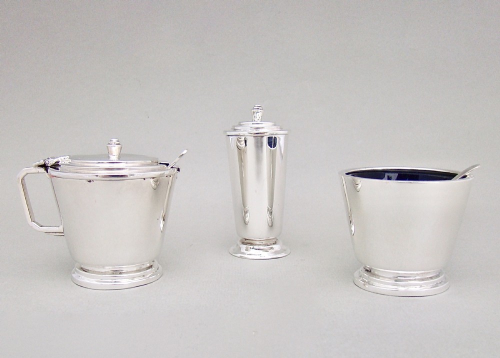 ART DECO STERLING SILVER THREE PIECE CONDIMENT SET BY REID & SON, BIRMINGHAM 1934 View II