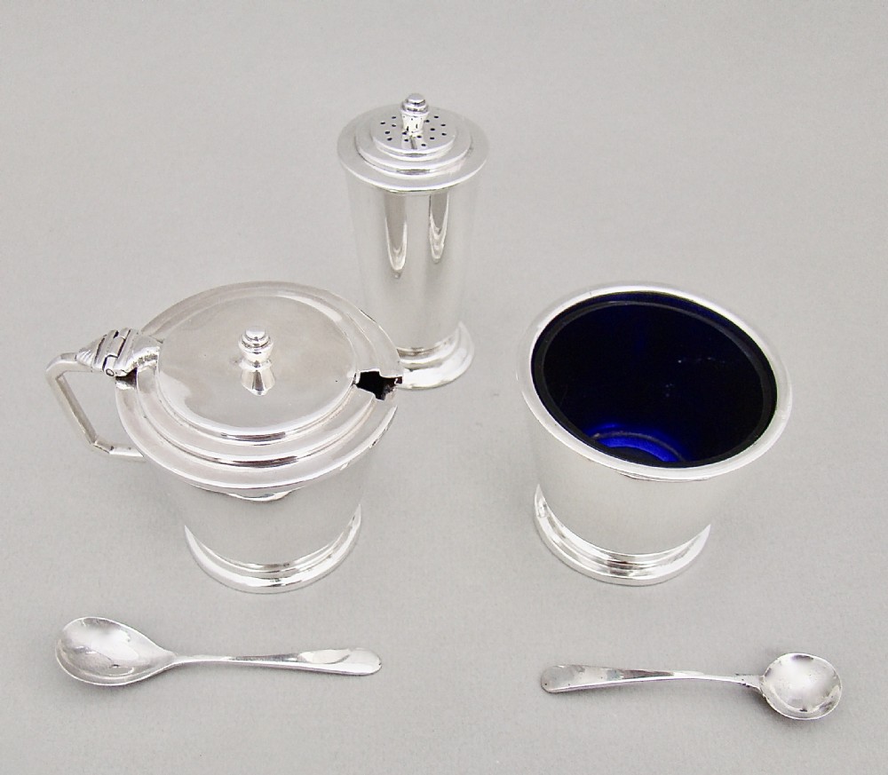 ART DECO STERLING SILVER THREE PIECE CONDIMENT SET BY REID & SON, BIRMINGHAM 1934