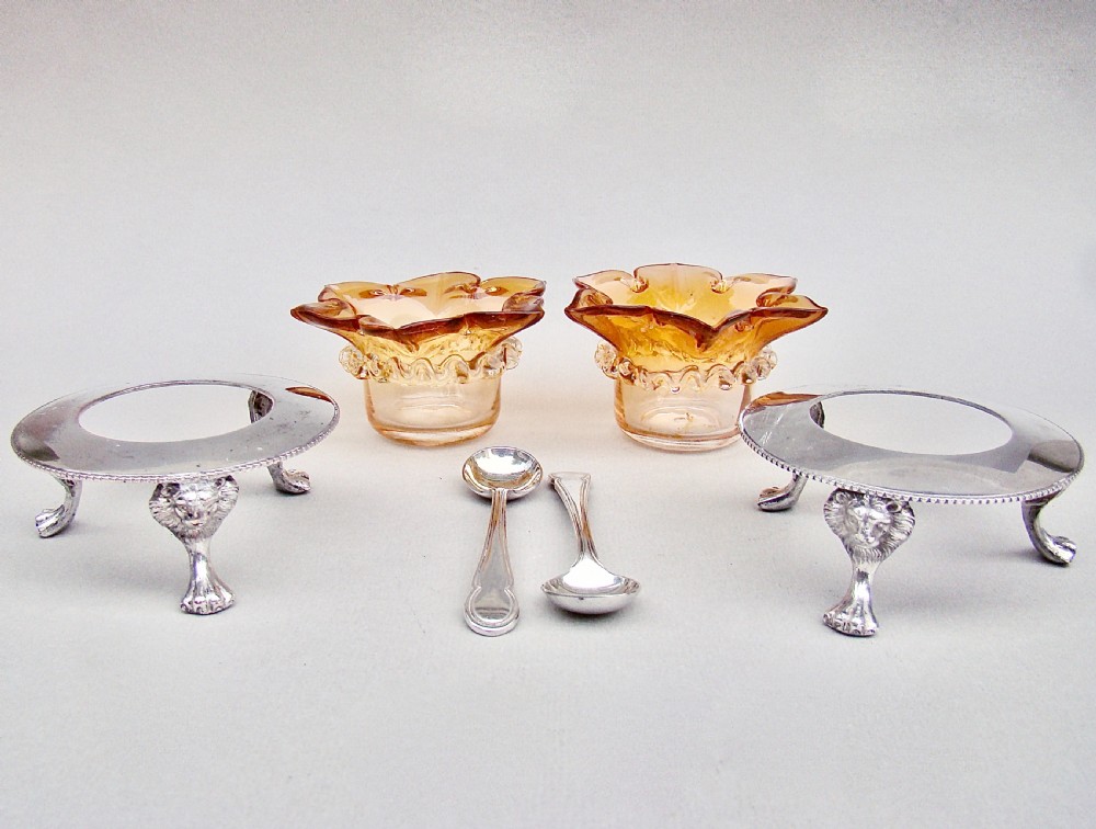 DELIGHTFUL PAIR OF VICTORIAN SILVER PLATED STANDS WITH GLASS SALTS BY JOHN GRINSELL & SONS, CIRCA 1890 View V