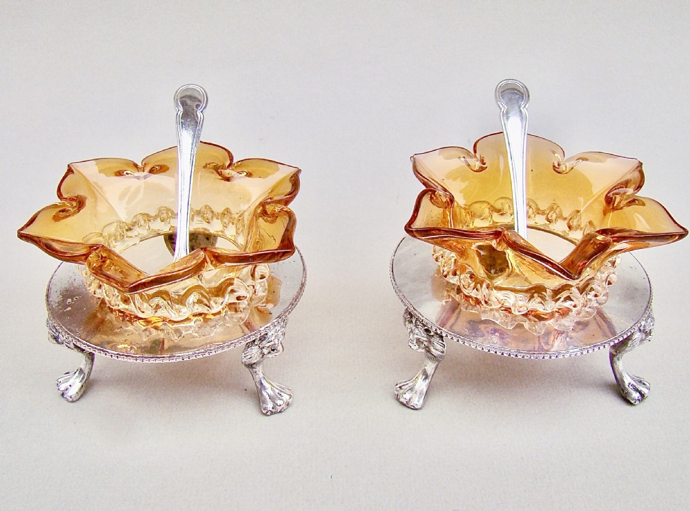 DELIGHTFUL PAIR OF VICTORIAN SILVER PLATED STANDS WITH GLASS SALTS BY JOHN GRINSELL & SONS, CIRCA 1890 View II