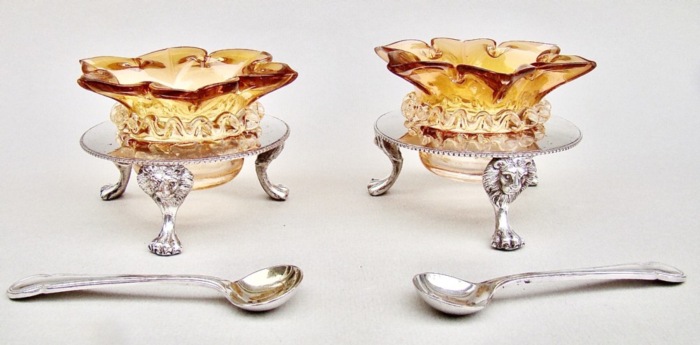 DELIGHTFUL PAIR OF VICTORIAN SILVER PLATED STANDS WITH GLASS SALTS BY JOHN GRINSELL & SONS, CIRCA 1890 View IX