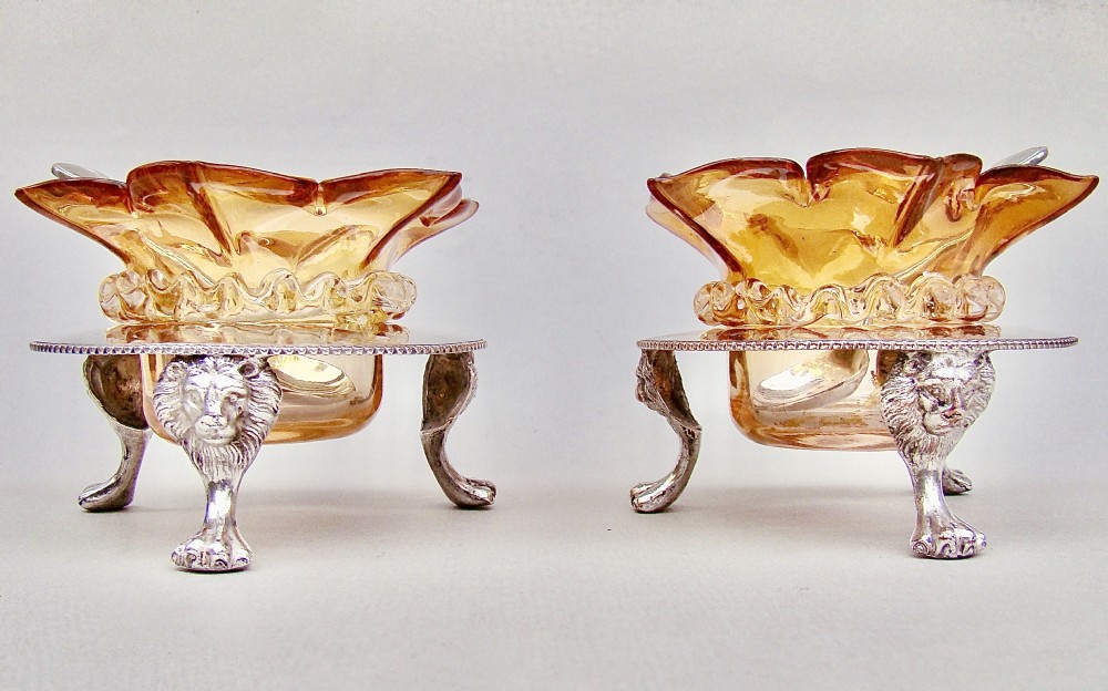 DELIGHTFUL PAIR OF VICTORIAN SILVER PLATED STANDS WITH GLASS SALTS BY JOHN GRINSELL & SONS, CIRCA 1890