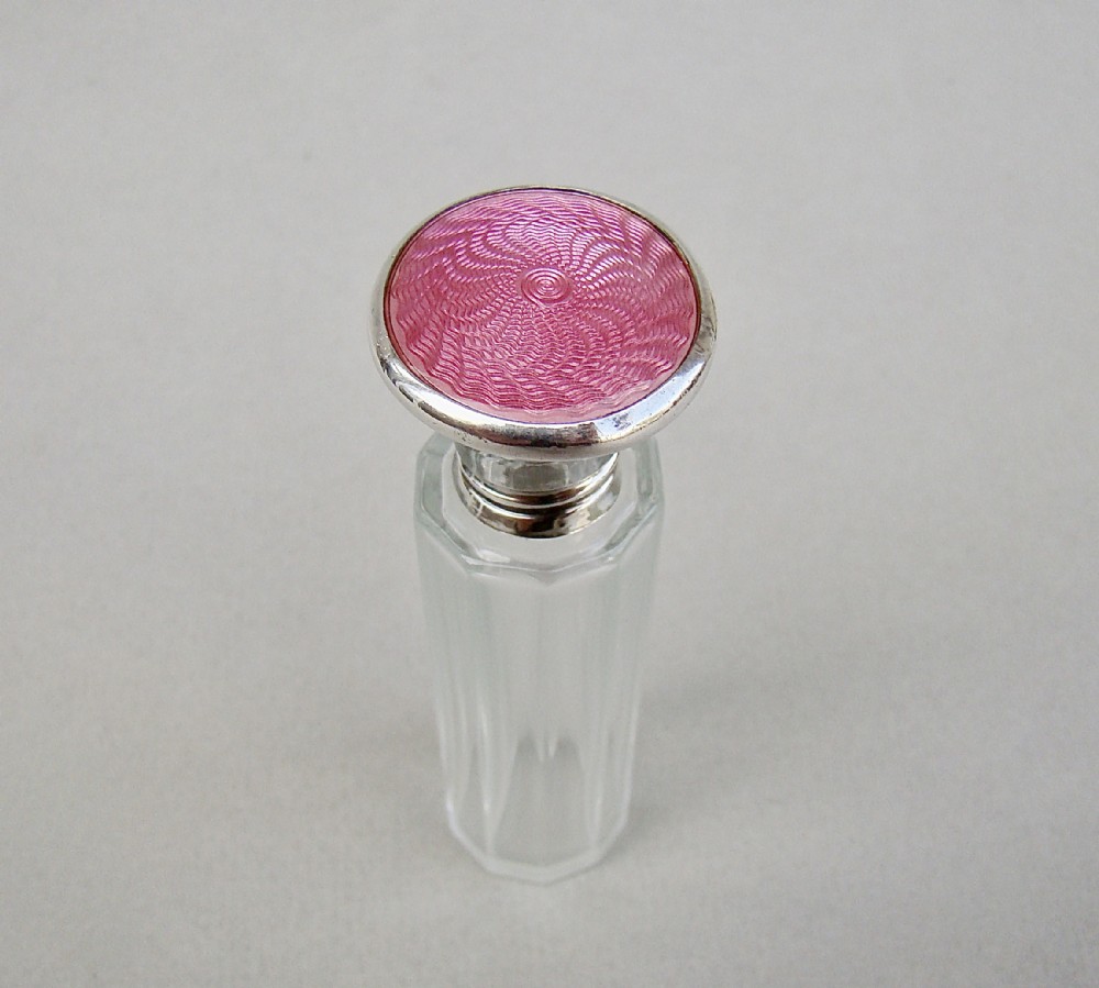 ART DECO SILVER & GUILLOCHE ENAMEL SCENT BOTTLE BY HENRY CLIFFORD DAVIS, BIRMINGHAM 1925