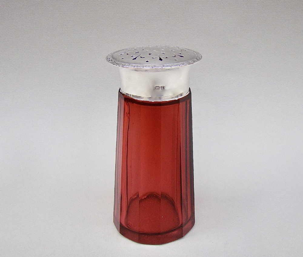 ART DECO SILVER MOUNTED CRANBERRY SUGAR CASTER BY WILLIAM HUTTON & SONS, BIRMINGHAM 1929
