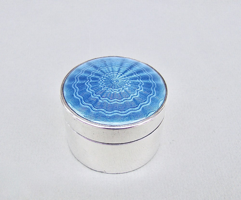 EXQUISITE EDWARDIAN SILVER AND GUILLOCHE ENAMEL PILL BOX BY JAMES FENTON, BIRMINGHAM 1909
