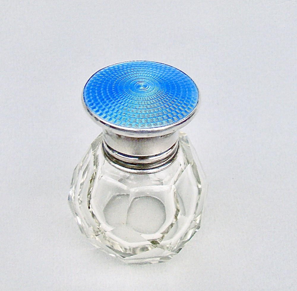 GORGEOUS ART DECO SILVER & GUILLOCHE ENAMEL SCENT BOTTLE BY HENRY CLIFFORD DAVIS, BIRMINGHAM 1927