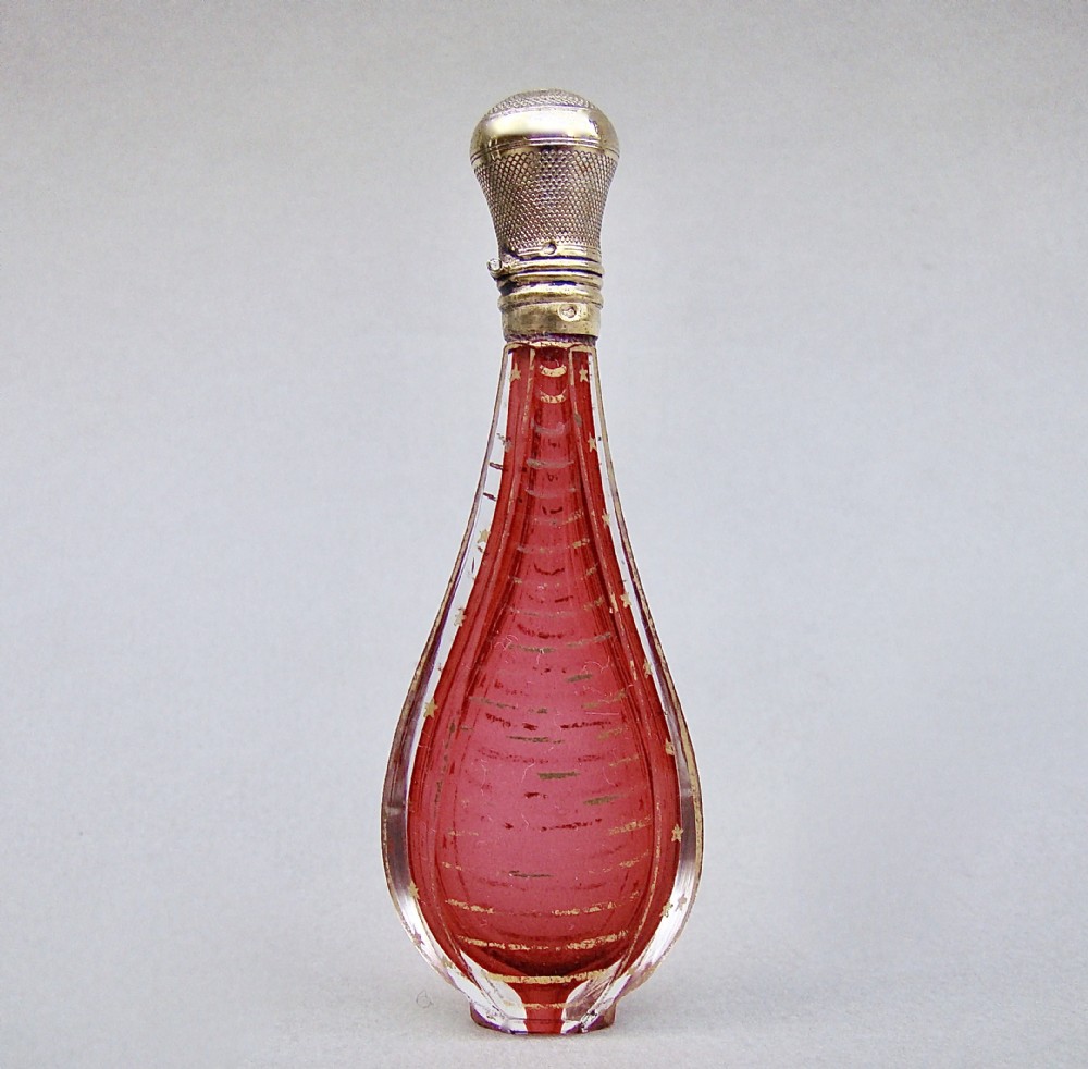 EXQUISITE 19TH C. FRENCH SILVER GILT & CRANBERRY GLASS SCENT BOTTLE, CIRCA 1870