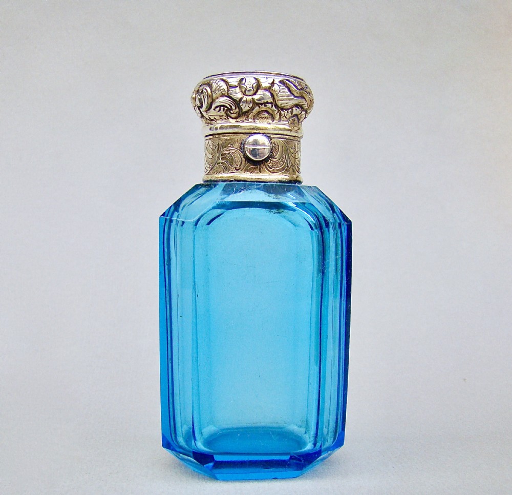 FABULOUS VICTORIAN SILVER GILT TURQUOISE GLASS SCENT BOTTLE, CIRCA 1850