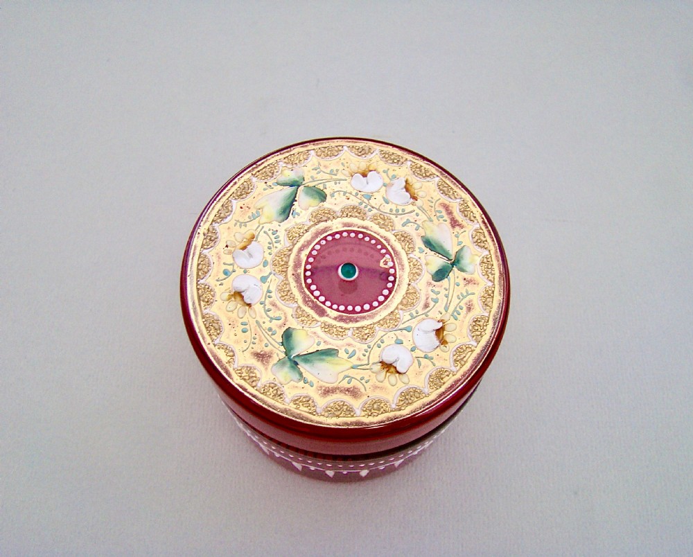 19TH C. MOSER CRANBERRY AND GILT GLASS DRESSING TABLE JAR, CIRCA 1890
 View IV