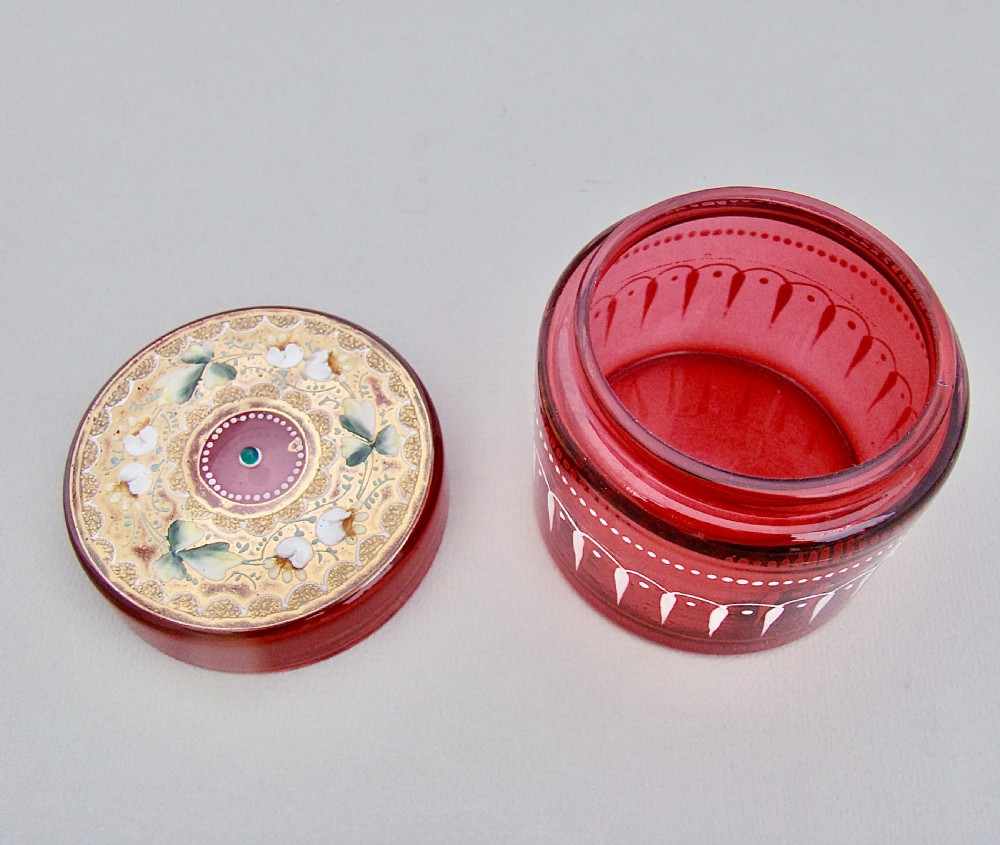 19TH C. MOSER CRANBERRY AND GILT GLASS DRESSING TABLE JAR, CIRCA 1890
 View V