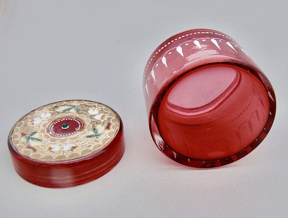 19TH C. MOSER CRANBERRY AND GILT GLASS DRESSING TABLE JAR, CIRCA 1890
 View VII