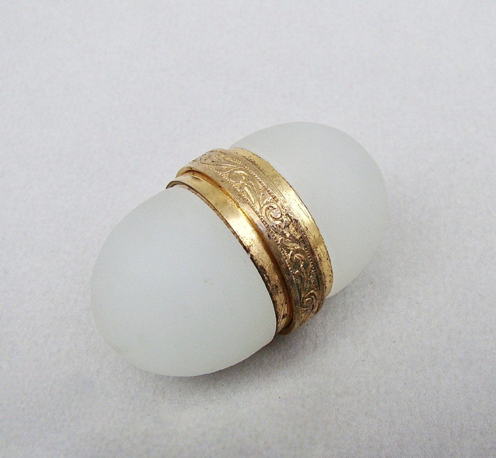 FRENCH PALAIS ROYAL PALE GREEN BULLET-SHAPED FROSTED GLASS SCENT BOTTLE, GILT ORMULU, CIRCA 1830