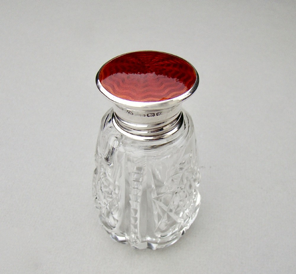 GORGEOUS ART DECO SILVER & GUILLOCHE ENAMEL SCENT BOTTLE BY A. J. PEPPER & CO, BIRMINGHAM 1924