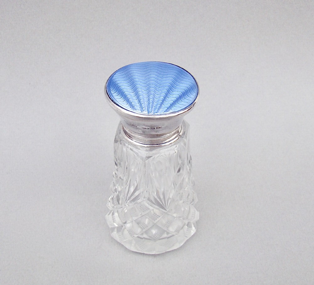 GORGEOUS ART DECO SILVER & GUILLOCHE ENAMEL SCENT BOTTLE BY WALKER & HALL, BIRMINGHAM 1937