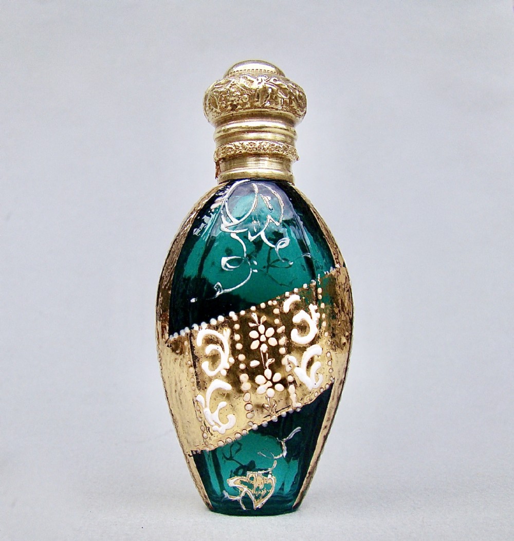 EXQUISITE VICTORIAN ORMULU MOUNTED BRISTOL GREEN ENAMELLED GLASS SCENT BOTTLE , CIRCA 1890