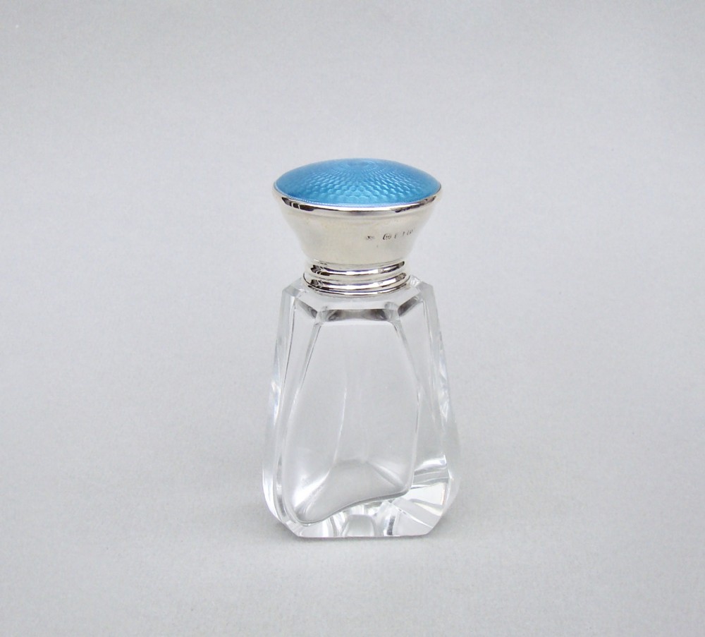 ELEGANT ART DECO SILVER & GUILLOCHE ENAMEL SCENT BOTTLE BY ALEXANDER CLARK, BIRMINGHAM 1925