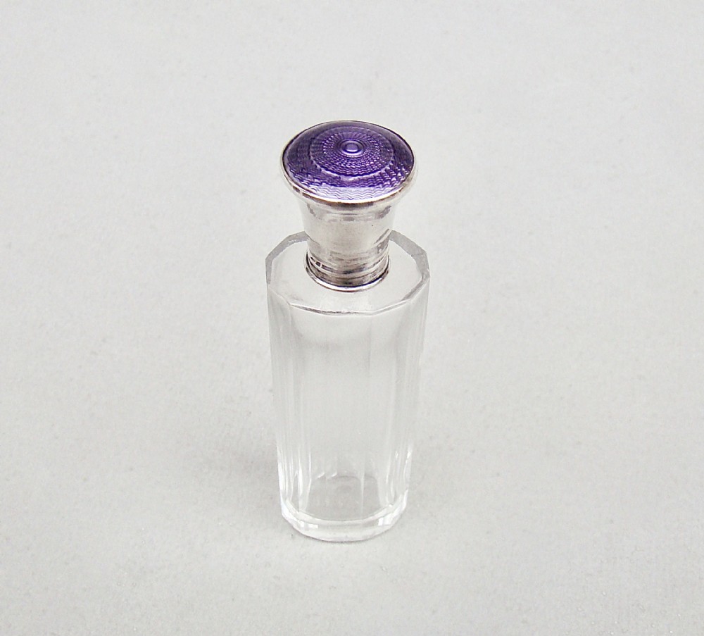ART DECO SILVER & GUILLOCHE ENAMEL SCENT BOTTLE BY ALEXANDER CLARK, BIRMINGHAM 1926