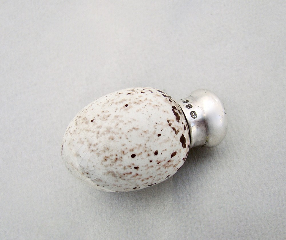 RARE VICTORIAN SILVER & PORCELAIN SPECKLED EGG SCENT BOTTLE BY SAUNDERS & SHEPHERD, BIRMINGHAM  1888